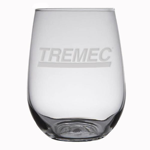 17 oz Stemless White Wine Glass with TREMEC logo on front