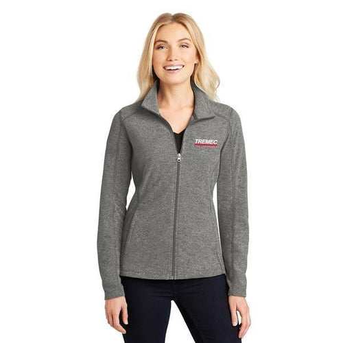 Ladies' Heather Full Zip Microfleece in Pearl Grey with TREMEC logo on left chest